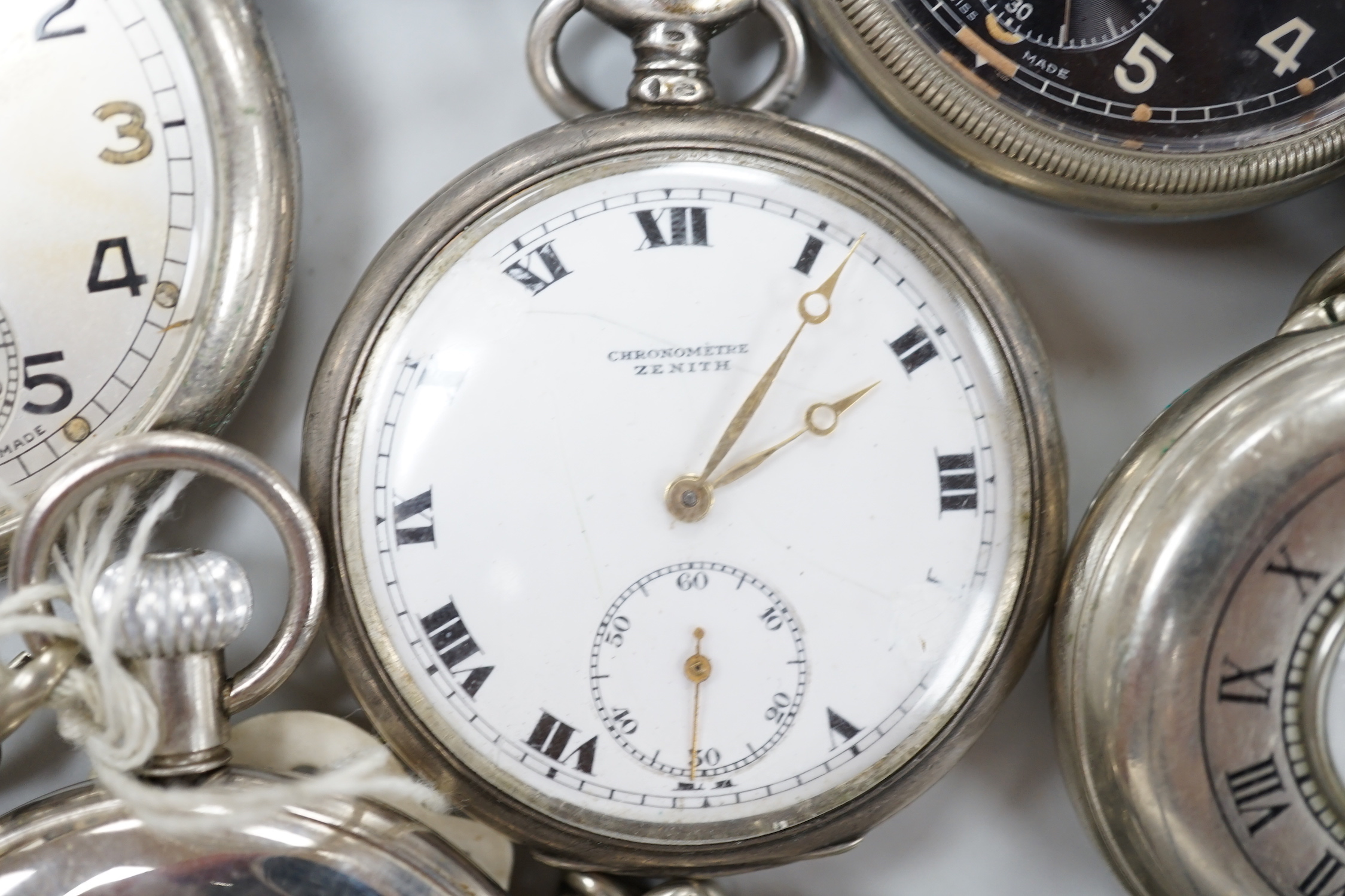 Eight assorted silver or base metal pocket watches including Goliath, Doxa and military black dial.